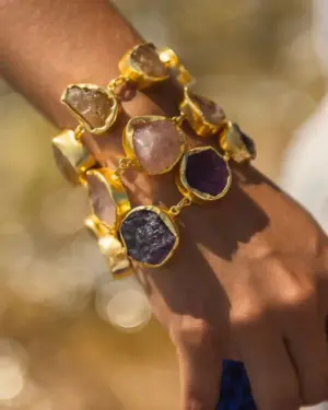 Pulsera Cuarzo Rosa con Piedras Naturales Doradas