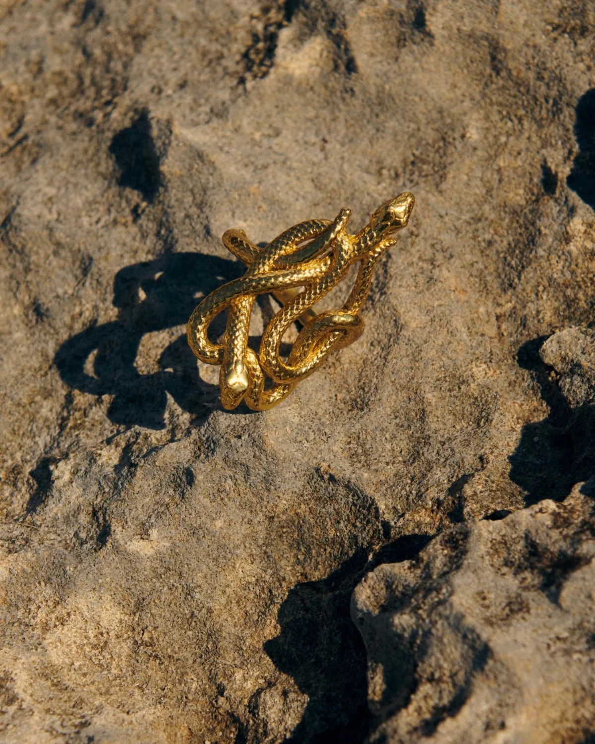 Anillo de serpiente enredada con acabado dorado que simboliza transformación y elegancia.