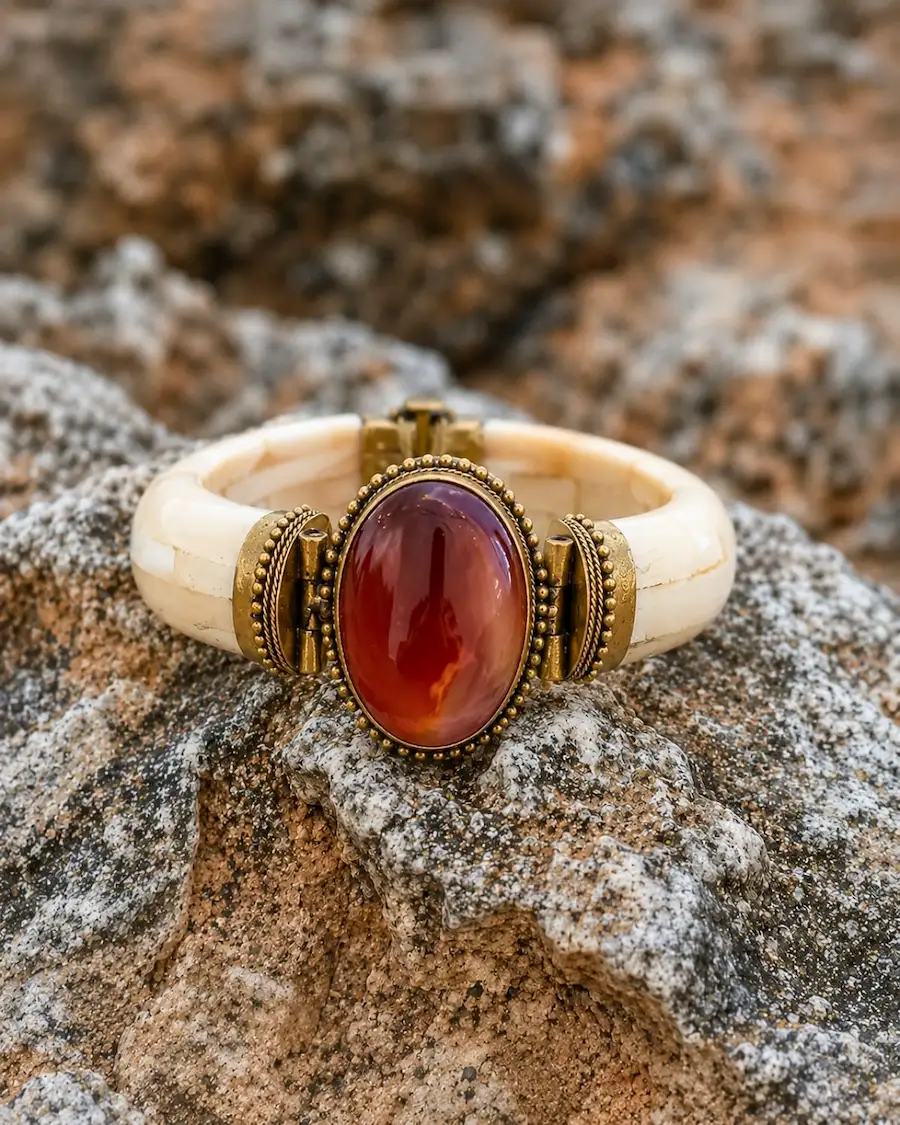 Brazalete artesanal inspirado en los colores cálidos de los atardeceres mediterráneos.