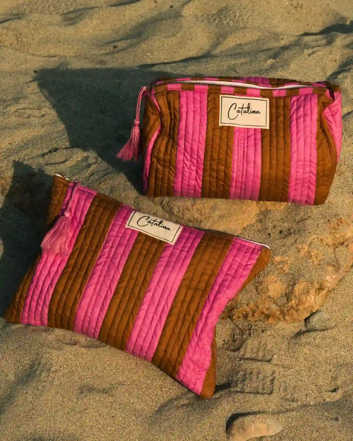 Neceser Acolchado Rayas Fucsia Camel Mediterráneo